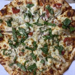 Capo's Pizza II - White pizza + roasted reds, artichoke, Fresh basil