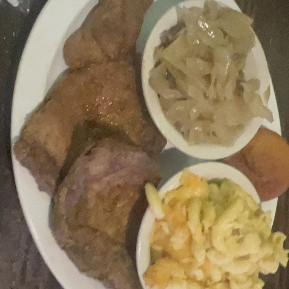 Pork chop, cabbage, macncheese