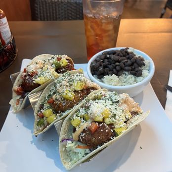Corona Beach House - Shrimp Tacos with Beans and Rice - American Near Me - Miami, Florida Corona Beach House - Shrimp Tacos with Beans and Rice - American Near Me - Miami, Florida