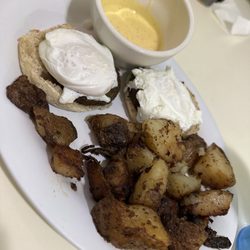 First Light - Eggs Benedict w/sausage and sausage I. The side 5/10