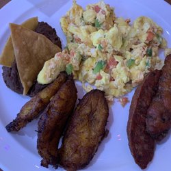 Guatepan - Quetzalteco: Scrambled eggs w tomato, onion, green and red chili pepper. Beans, fried sweet plantains & chorizo. Queso fresco (no picture)