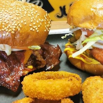 Burger Factory - The Machine with Bacon and a Nashville hot with cheese   Macaroni & Cheese Bites, Jalapeno Poppers, Onion Rings - Burgers Near Me - Whitby, Ontario