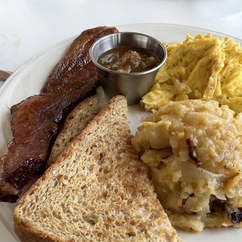 Phoebe's Diner - The "badass bacon & eggs" with THICK slab bacon and hash brown casserole. - Diners Near Me - Austin, Texas Phoebe's Diner - The "badass bacon & eggs" with THICK slab bacon and hash brown casserole. - Diners Near Me - Austin, Texas