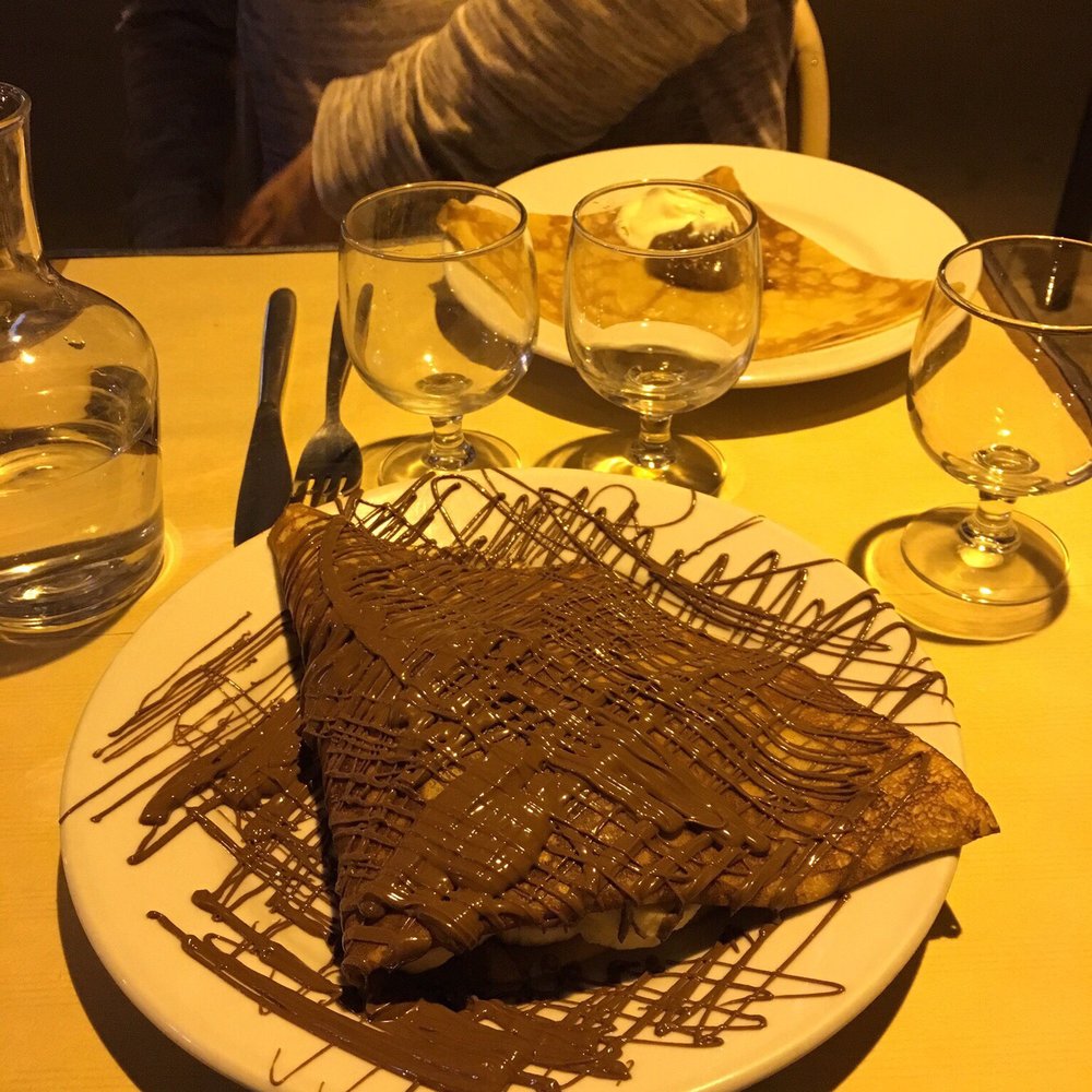 Dessert crêpes (banana with chocolate, but I substituted Nutella).  Chestnut cream on the other side of the table.