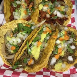 Tacos el Toro # 2 - El Pastor in the back. Beef fajita in the front.