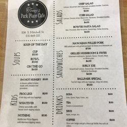 Tony's Park Place Cafe - Menu