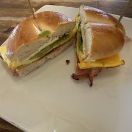 Pretty plain plain bagel either egg cheese, creamcheese (unnecessary) and we add avocado. Zero seasoning on the sandwich. Pretty plain plain bagel either egg cheese, creamcheese (unnecessary) and we add avocado. Zero seasoning on the sandwich.