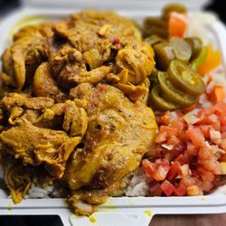 Allwyn's Bakery - Curry Chicken with Rice,  Pickled Peppers & Salsa https://www.instagram.com/the.wanderin.foodie/