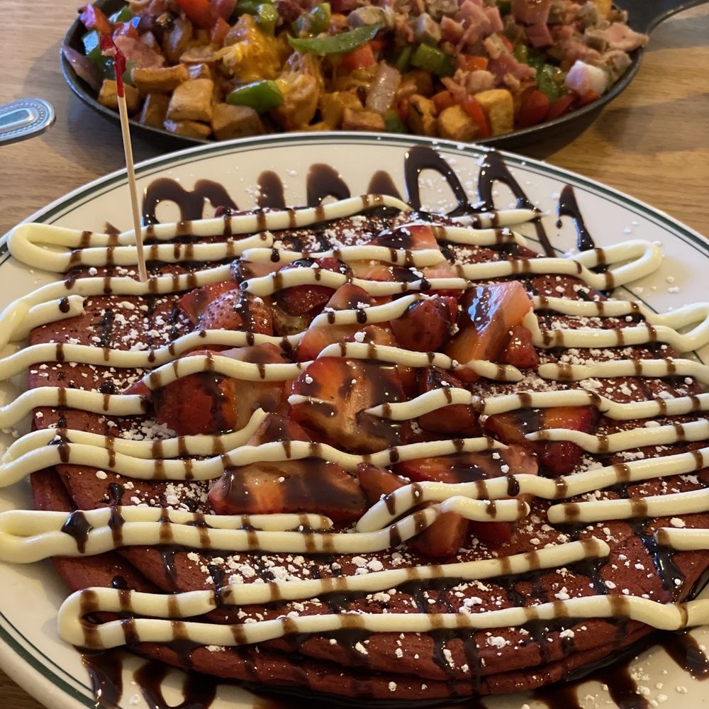 Crackin' & Stackin' - Gluten free red velvet pancakes and meat lovers skillet. - Breakfast & Brunch Near Me - Central Point, Oregon Crackin' & Stackin' - Gluten free red velvet pancakes and meat lovers skillet. - Breakfast & Brunch Near Me - Central Point, Oregon