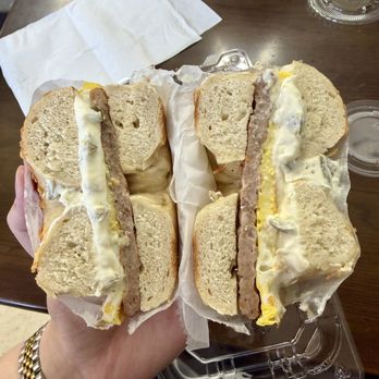 New Garden Bagel - Sausage, Egg & Cheese (veggie cream cheese) on Asiago bagel - Bagels Near Me - Greensboro, North Carolina New Garden Bagel - Sausage, Egg & Cheese (veggie cream cheese) on Asiago bagel - Bagels Near Me - Greensboro, North Carolina
