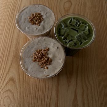 Danbi Coffee - 2 banana cream latte topped w toffee nut  1 matcha latte - Coffee & Tea Near Me - Pasadena, California