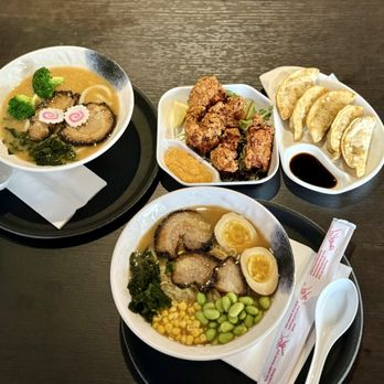 Komeya Cafe - L-R: Miso Ramen; Chicken Karaage, Gyoza Dumplings & Shoyu Ramen - Japanese Near Me - Markham, Ontario