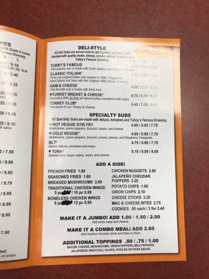 Menu photo 2 Tubby's Sub Shops Shelby Township, MI