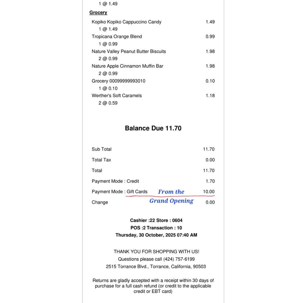 Grocery Outlet - My purchase receipt - spent the $10 Gift Card I won from the Grand Opening 10-30-2025 - Grocery Near Me - Torrance, California Grocery Outlet - My purchase receipt - spent the $10 Gift Card I won from the Grand Opening 10-30-2025 - Grocery Near Me - Torrance, California