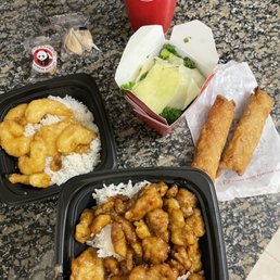 Honey walnut shrimp bowl, orange chicken bowl, chicken egg rolls and mixed vegetables