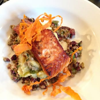 Elixir Restaurant - Salmon. Grilled perf with nice crust with butter free potatoes and spinach. Win! - New American Near Me - White River Junction, Vermont
