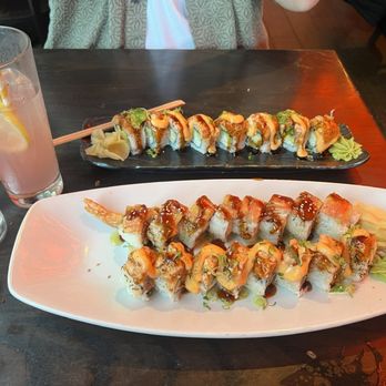 Blue Sushi Sake Grill - Dragon Fruit Lemonade three sushi rolls - Sushi Bars Near Me - Dallas, Texas Blue Sushi Sake Grill - Dragon Fruit Lemonade three sushi rolls - Sushi Bars Near Me - Dallas, Texas