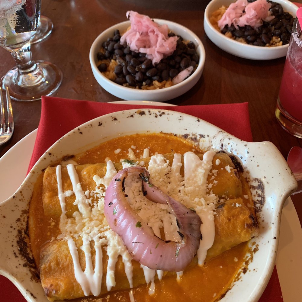 El Vez - Black Bean Enchiladas: comes with a side of black beans with rice and pickled onions. - Mexican Near Me - Philadelphia, Pennsylvania
