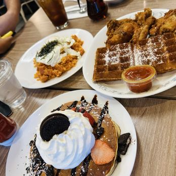Hungry Fox - Top left: Spam Kimchi Fried Rice, chicken and waffles  Bottom: oreo pancakes - Breakfast & Brunch Near Me - North Hollywood, California
