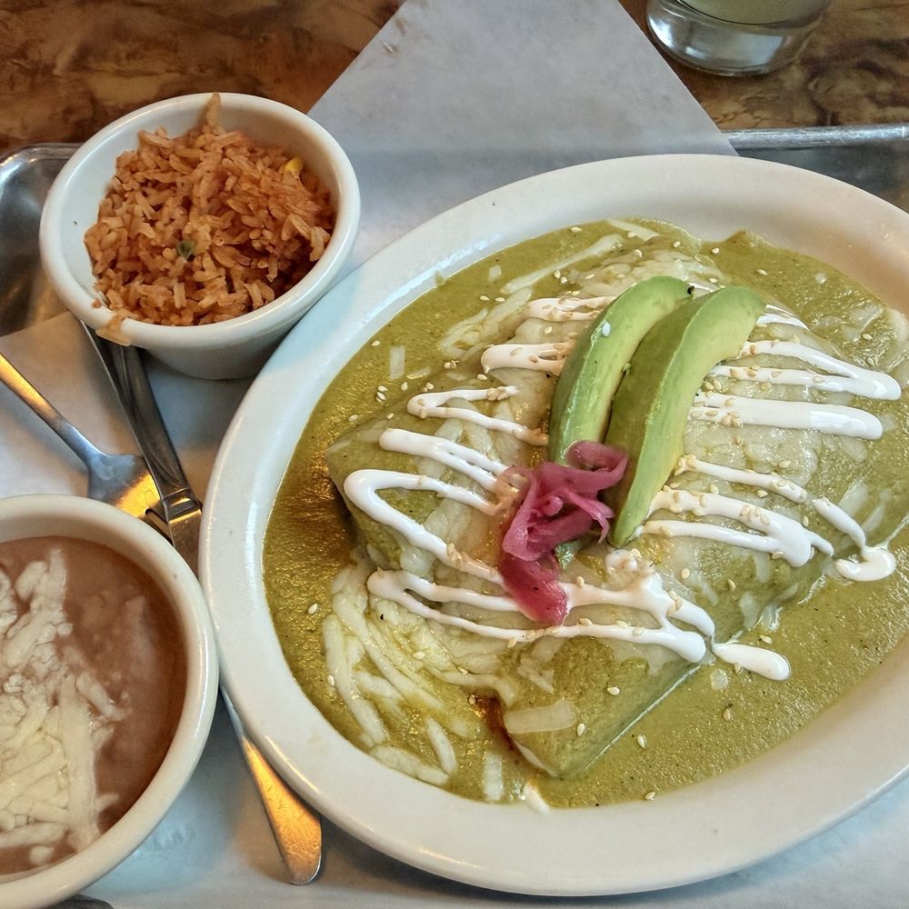 Del Barrio Cafe - ENCHILADAS SUIZAS come with beans and rice. - Mexican Near Me - Midvale, Utah Del Barrio Cafe - ENCHILADAS SUIZAS come with beans and rice. - Mexican Near Me - Midvale, Utah