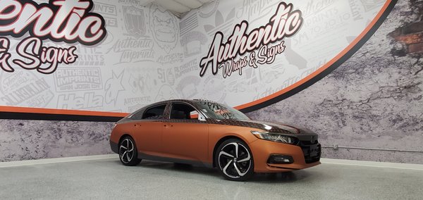Authentic Wrap - This is a personal vehicle we did to show the different options that can be used in a single wrap. Color change material, Matte Laminate, Gloss Laminate, Printed Material, Chrome Blackout. Authentic Wrap - This is a personal vehicle we did to show the different options that can be used in a single wrap. Color change material, Matte Laminate, Gloss Laminate, Printed Material, Chrome Blackout.