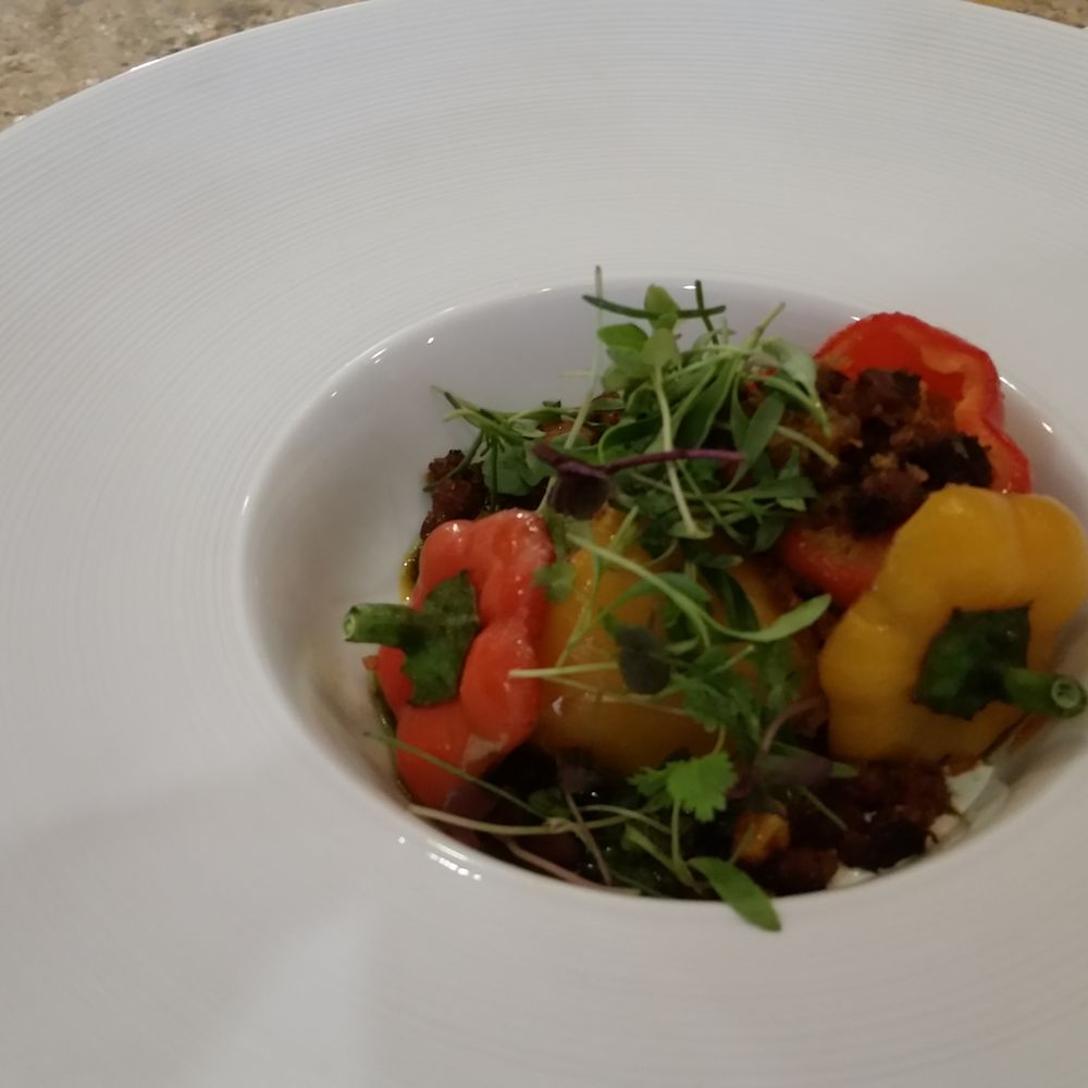 James On Main - Wood fired, sausage stuffed peppers with bacon,pesto and micro greens from James on Main - New American Near Me - Hackettstown, New Jersey James On Main - Wood fired, sausage stuffed peppers with bacon,pesto and micro greens from James on Main - New American Near Me - Hackettstown, New Jersey