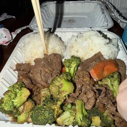Broccoli beef. Sticky bland rice, fatty thin meat.
