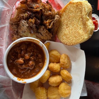 Fat Edd's Roadhouse - Pulled pork (terrible) baked beans and corn nuggets - New American Near Me - Metropolis, Illinois