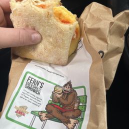 Ferns egg and cheese sandwich, fresh mozzarella, Mama, a little peppers and roasted garlic aïoli on a ciabatta roll