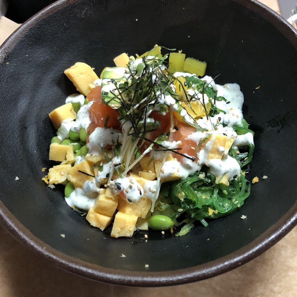 Poke Toki - Finished build your own bowl ft. tamago, plain salmon, garlic sauce, and more. - Poke Near Me - Grand Rapids, Michigan Poke Toki - Finished build your own bowl ft. tamago, plain salmon, garlic sauce, and more. - Poke Near Me - Grand Rapids, Michigan