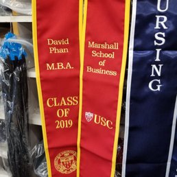 USC sash. Stitched the full name, school name, degree, and USC logo.