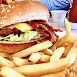 The Lucky Greek - Bacon cheese burger and fries
