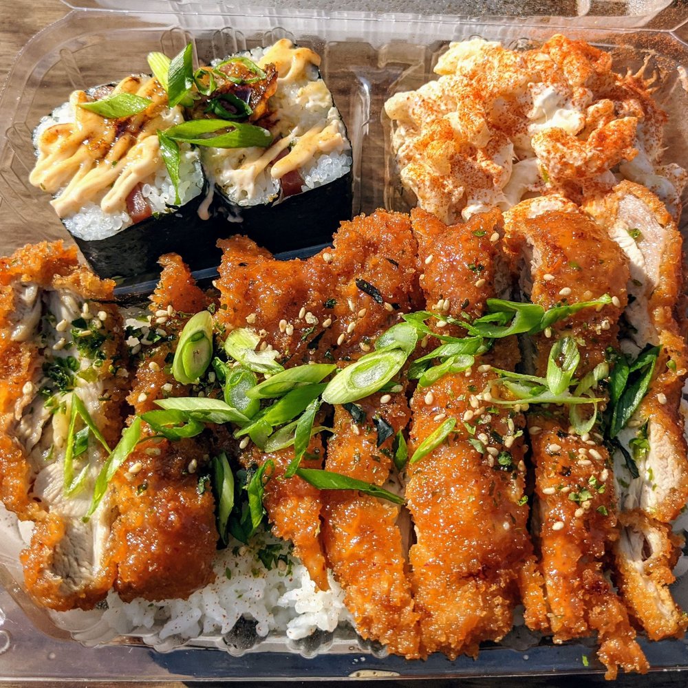 Shootz - Kimchi butter chicken katsu plate with rice, macaroni and spam brulee musubi - Hawaiian Near Me - Stanton, California Shootz - Kimchi butter chicken katsu plate with rice, macaroni and spam brulee musubi - Hawaiian Near Me - Stanton, California