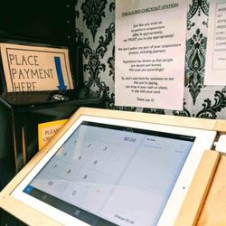 Revive Community Acupuncture - Self checkout - we accept cash, check, AmEx, Discover, Mastercard, Visa, and ApplePay.