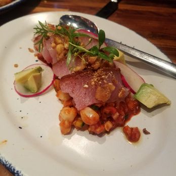 Oyamel - Ceviche rojo (sliced hamachi with cucumber, hominy and corn nuts tossed in a guajillo chile sauce, garnished with avocado and radish) - Mexican Near Me - Washington, DC, District of Columbia