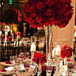 Grant and Jensen Floral Events - Wedding Reception Red Roses - Black Magic in tapered trumpet vase