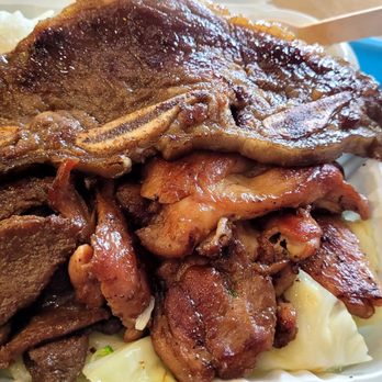 Ono Hawaiian BBQ - Combo bbq plate: kalbi beef ribs, bbq chicken and bbq beef strips $16.99, 3 scoops rice or mac salad, and steamed cabbage/broccoli. - Hawaiian Near Me - Alameda, California