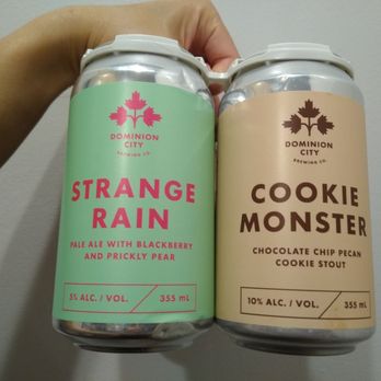 Dominion City Brewing - Strange Rain, pale ale with blackberry and prickly pear and Cookie Monster, chocolate chip pecan cookie stout. - Breweries Near Me - Ottawa, Ontario