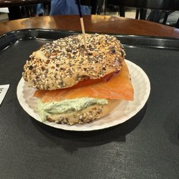 Lox and chives cream cheese on everything bagel