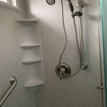 CALbath Renovations - Four shelf corner piece, sliding additionally mobile shower head with divertor switch. - Kitchen & Bath Near Me - San Diego, California