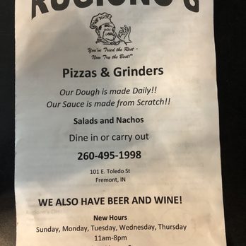 Rugiono's - a sign for rugiono's pizzas and grinders - Pizza Near Me - Fremont, Indiana Rugiono's - a sign for rugiono's pizzas and grinders - Pizza Near Me - Fremont, Indiana