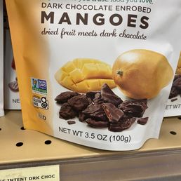 a bag of dark chocolate enrobed mangos
