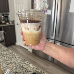 A drink with no ice. Yes that's all the whipped cream in the white. It's delicious. But I'm paying over $6 for a splash of coffee A drink with no ice. Yes that's all the whipped cream in the white. It's delicious. But I'm paying over $6 for a splash of coffee