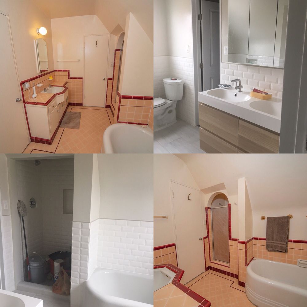 New Beginnings Home Improvement - Bathroom before (the pink and red) and bathroom after (the white tiles and new sink) - Plumbing Near Me New Beginnings Home Improvement - Bathroom before (the pink and red) and bathroom after (the white tiles and new sink) - Plumbing Near Me