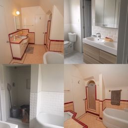 Bathroom before (the pink and red) and bathroom after (the white tiles and new sink) Bathroom before (the pink and red) and bathroom after (the white tiles and new sink)