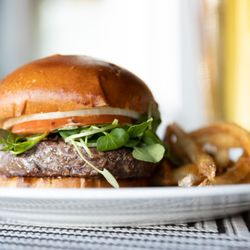 Five Bays Bistro - Five Bays Bistro Burger // signature house burger blend, lettuce, tomato, onion, bistro sauce, brioche bun, frites