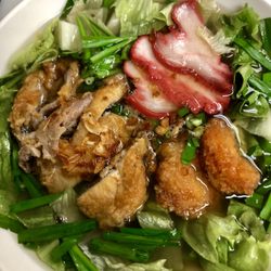 Pho Time - Crispy chicken, crispy shrimp and bbq pork belly in ours delicious homemade egg noodle soup.