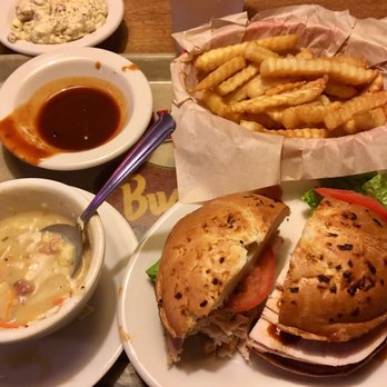 Buster's Texas Style Barbecue - Turkey sandwich on onion roll with corn chowder and fries - Barbeque Near Me - Gresham, Oregon