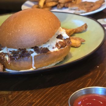 Muddy Waters Gastropub - Pulled pork sandwich with fries. Smokey and sweet. - Modern European Near Me - Asbury, New Jersey Muddy Waters Gastropub - Pulled pork sandwich with fries. Smokey and sweet. - Modern European Near Me - Asbury, New Jersey