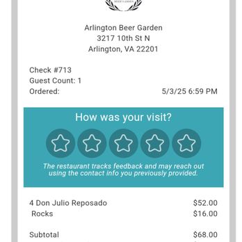 Arlington Beer Garden - Scammy bartender. Didn't let me see itemized costs nor mention gratuity was automatically included - Beer Gardens Near Me - Arlington, Virginia Arlington Beer Garden - Scammy bartender. Didn't let me see itemized costs nor mention gratuity was automatically included - Beer Gardens Near Me - Arlington, Virginia